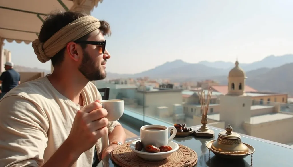 Tourist enjoying a traditional Omani coffee on a rooftop cafe in Misfah al Abriyyin