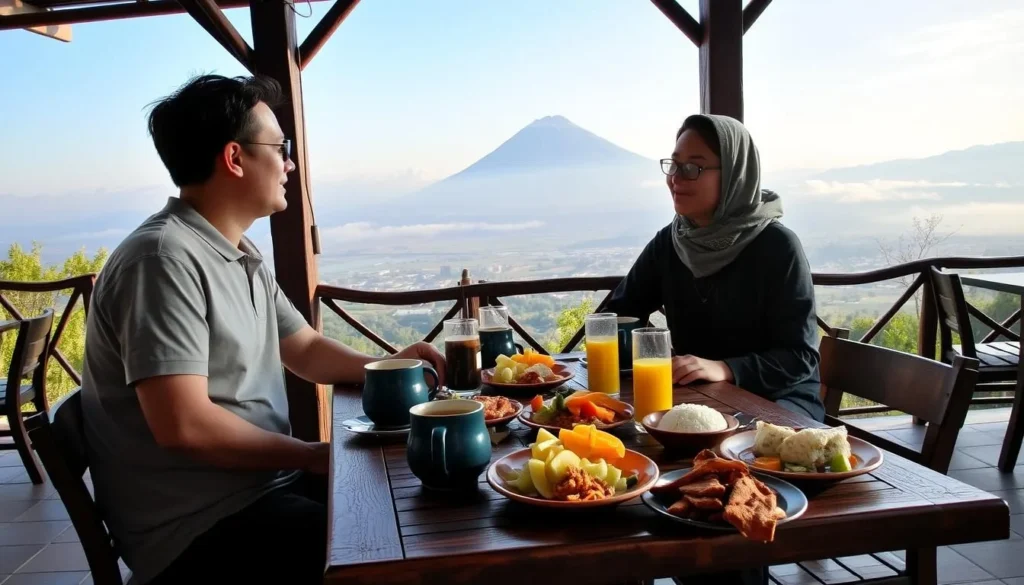Tourist enjoying breakfast with panoramic view of Mount Merapi at a mountain cafe in Kaliurang