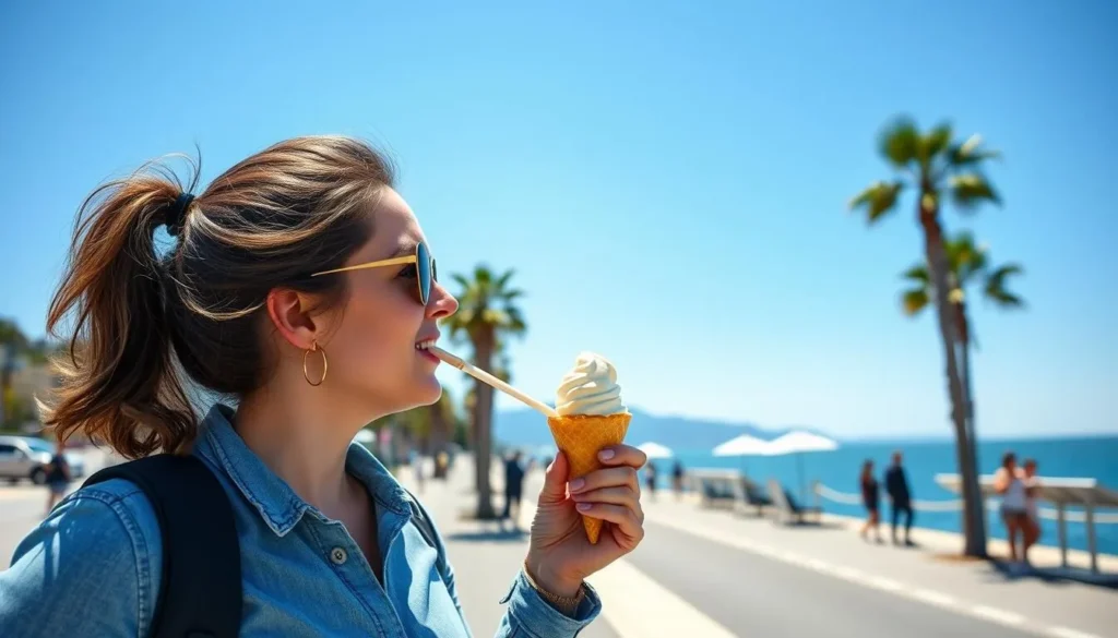 Tourist enjoying gelato while walking along the Promenade des Anglais in Nice