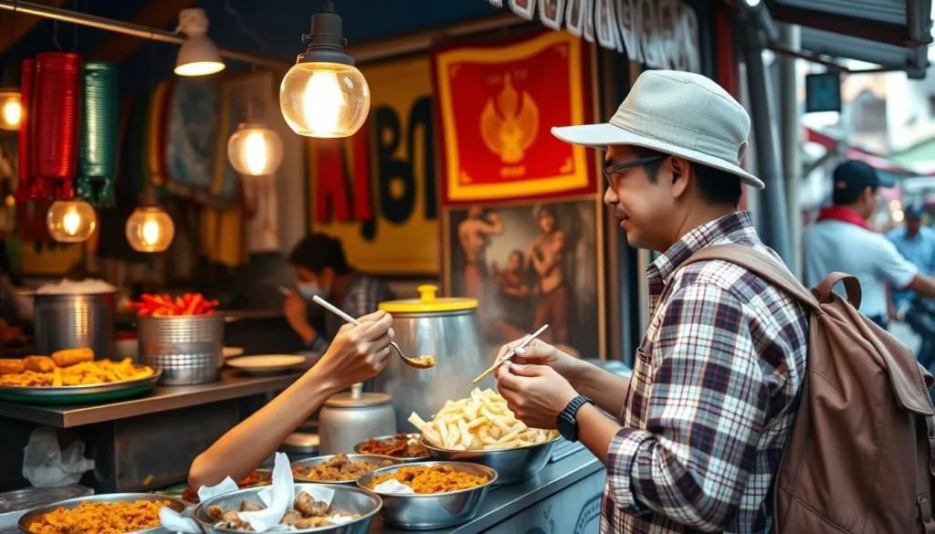 Tourist enjoying local Cirebon street food from a traditional vendor