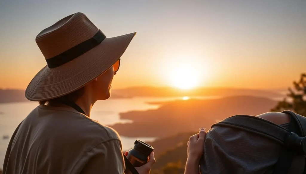 Tourist enjoying sunset at Lake Toba viewpoint with camera and water bottle