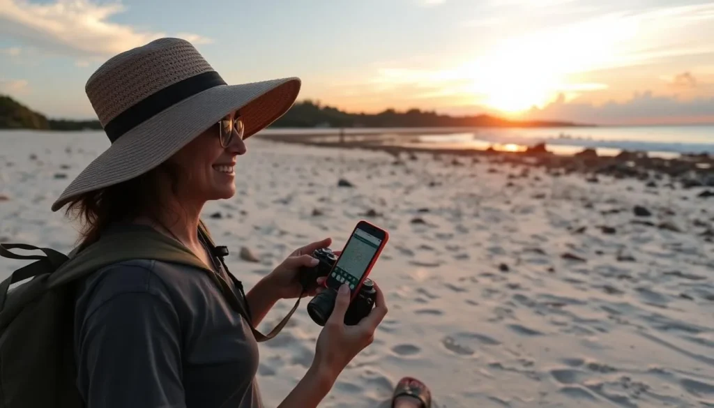Tourist enjoying sunset on Nilaveli Beach with practical travel gear