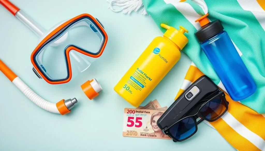 Tourist essentials for Arashi Beach including snorkel gear, sunscreen, and water bottle