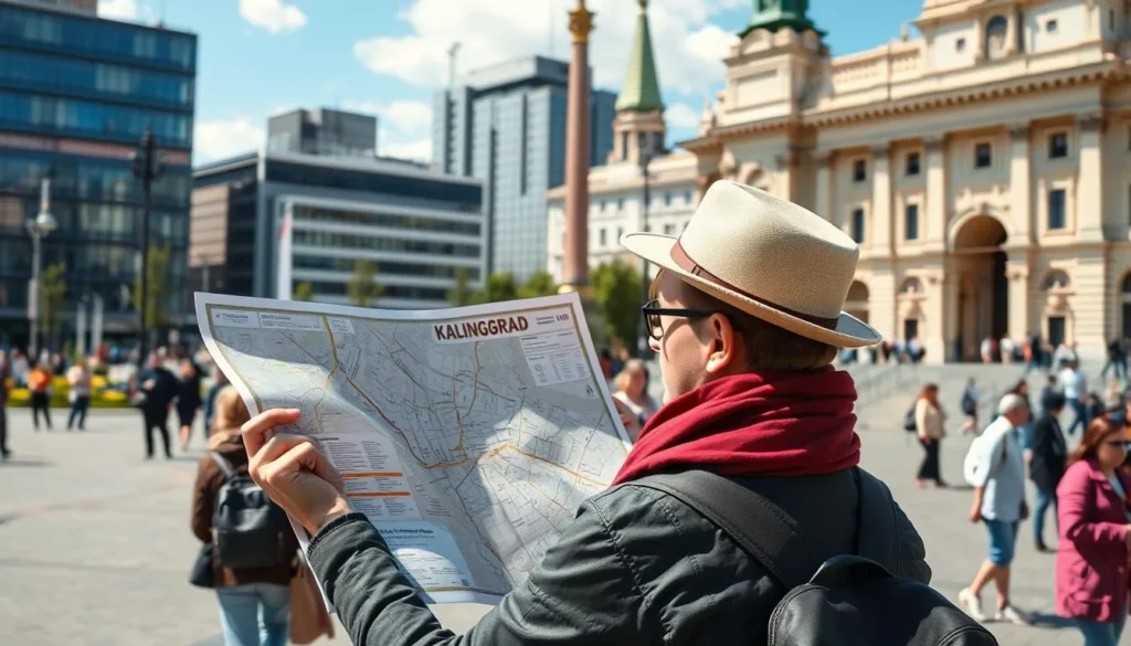 Tourist examining a city map of Kaliningrad near Victory Square Tourist examining a city map of Kaliningrad near Victory Square