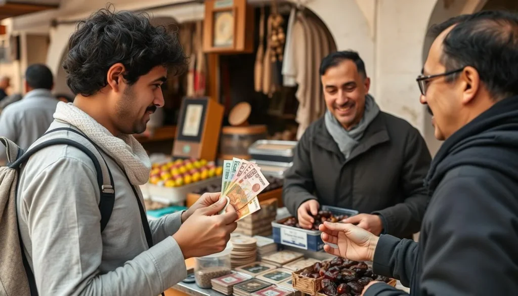 Tourist exchanging Tunisian Dinars at a local market in Tozeur