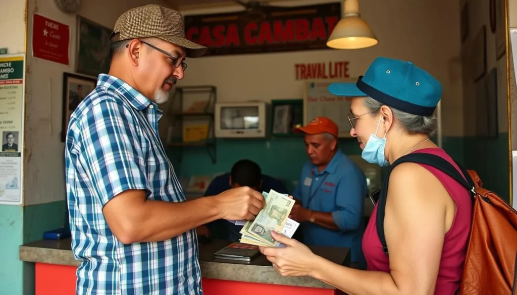 Tourist exchanging currency at a Cuban casa de cambio (currency exchange) in Havana