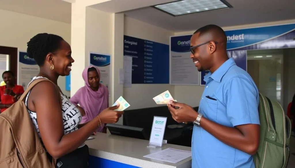 Tourist exchanging currency at a local bank in Antalaha, Madagascar - practical travel tip Tourist exchanging currency at a local bank in Antalaha, Madagascar - practical travel tip