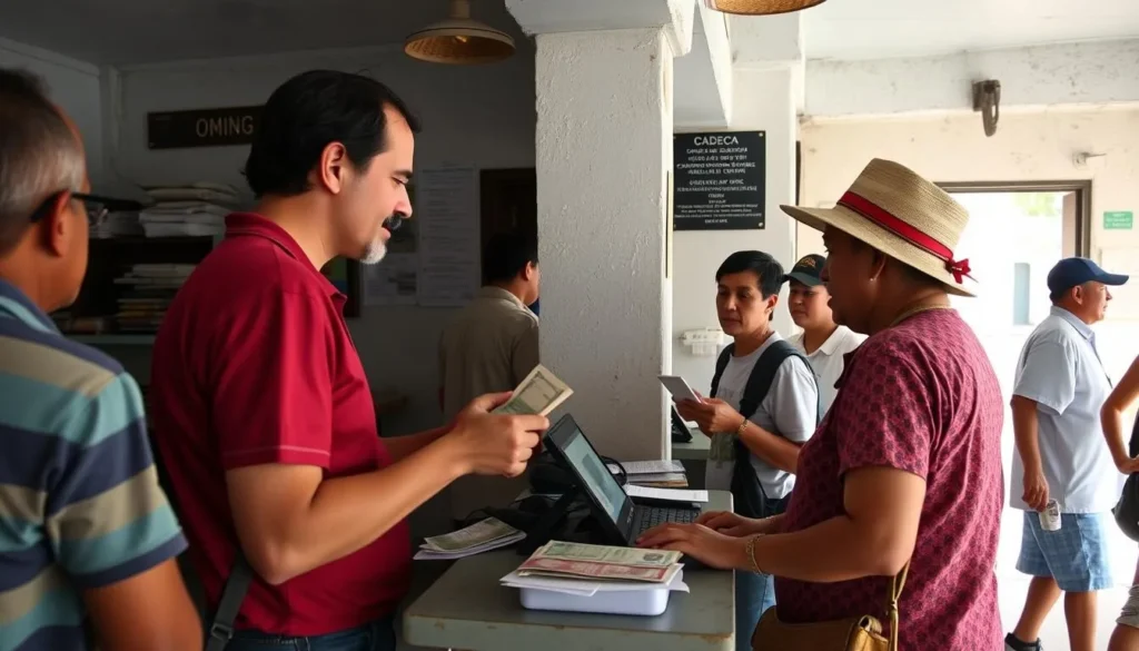 Tourist exchanging currency at a local bank in Colon, Cuba