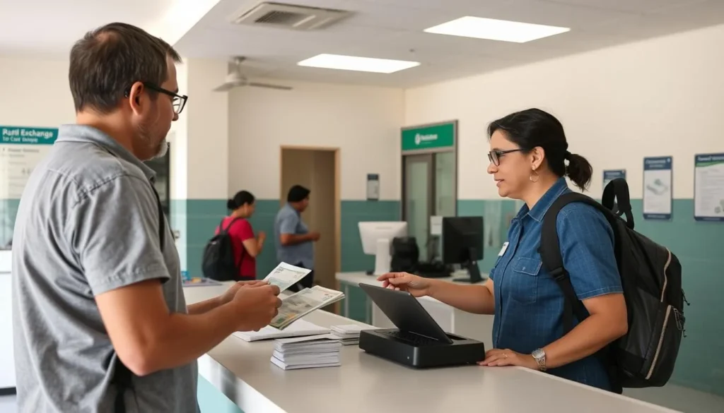 Tourist exchanging currency at a local bank in Comayagua Tourist exchanging currency at a local bank in Comayagua