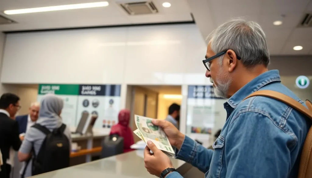 Tourist exchanging currency at a local bank in Lqliaa, Morocco
