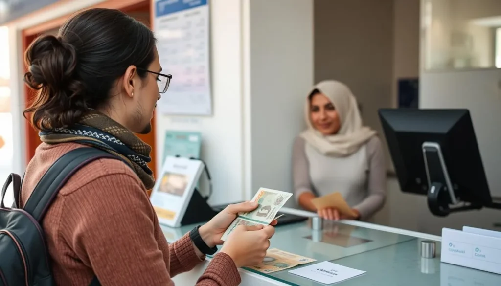 Tourist exchanging currency at a local bank in Settat