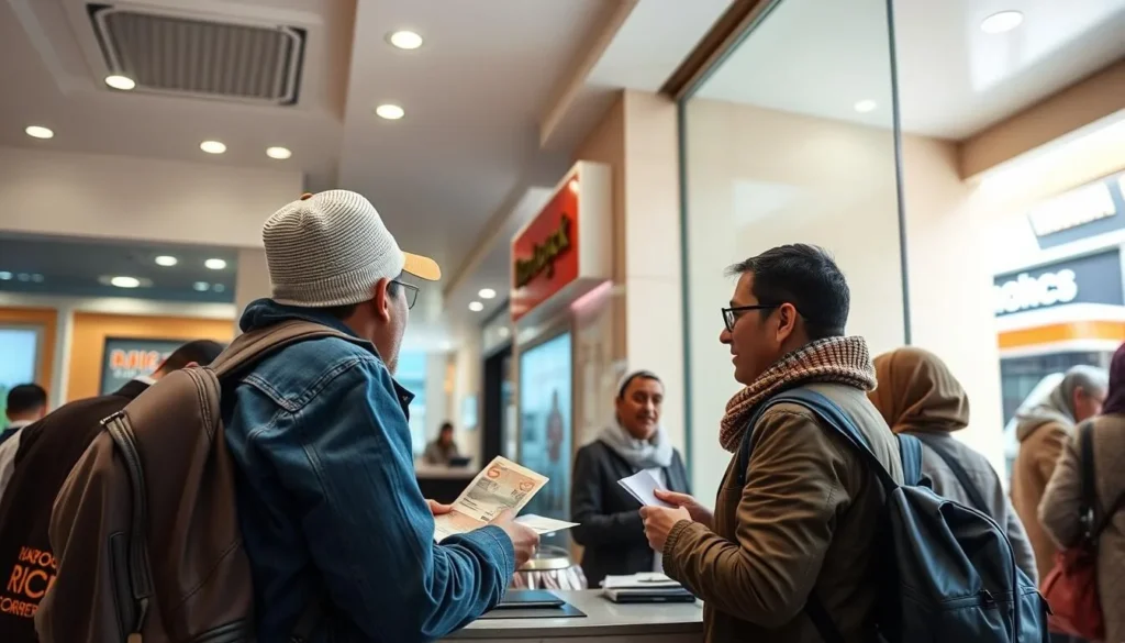 Tourist exchanging currency at a local bank in Souk El Arbaa