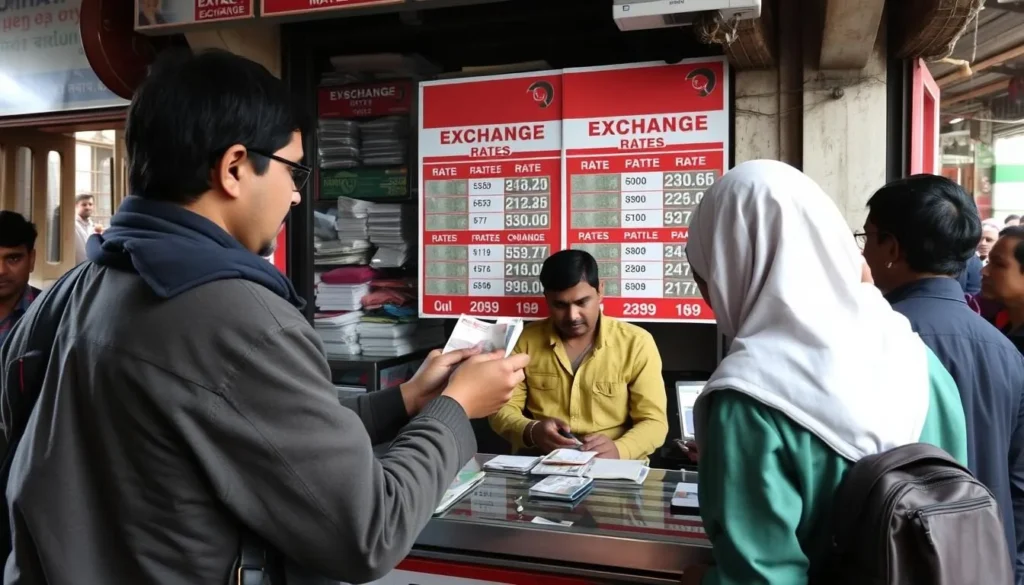 Tourist exchanging currency at a local money exchange in Birgunj
