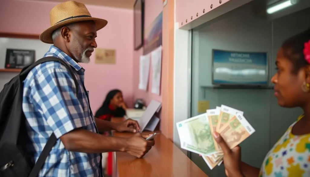 Tourist exchanging currency at local bank in Hell-Ville (Nosy Be), Madagascar