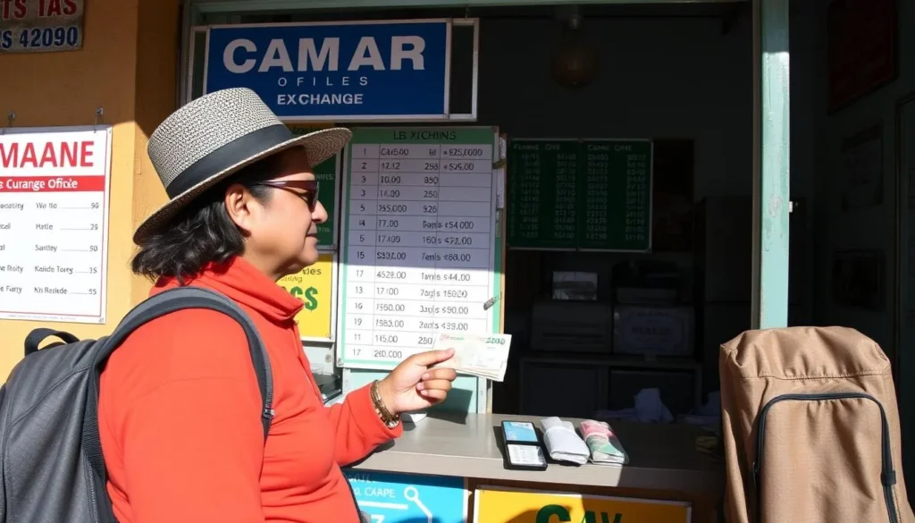 Tourist exchanging currency in Copacabana, Bolivia