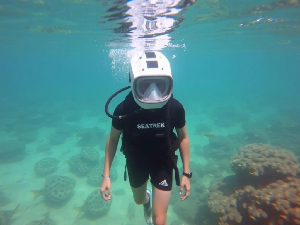 Tourist experiencing Sea Trek underwater helmet walking at De Palm Island Aruba