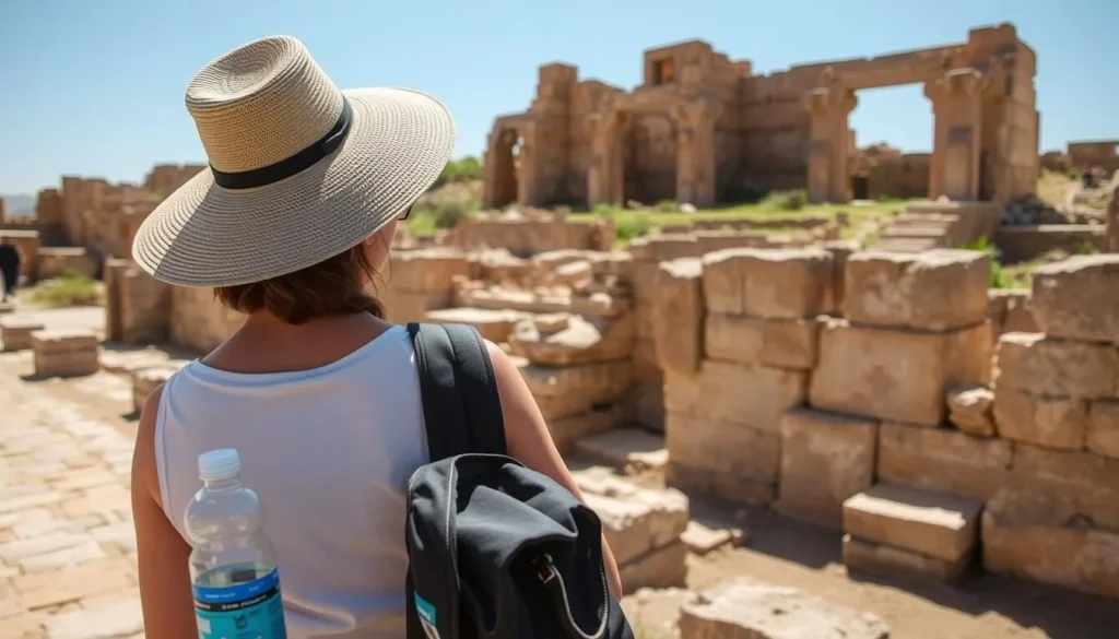 Tourist exploring Bosra ruins with sun protection, water bottle, and comfortable walking shoes