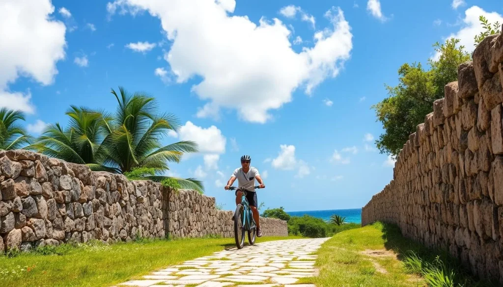 Tourist exploring Delft Island on a rented bicycle on a coral path