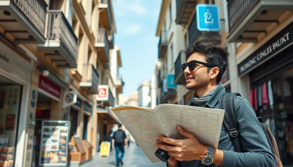 Tourist exploring Latakia city center with map and camera, showing practical travel scene