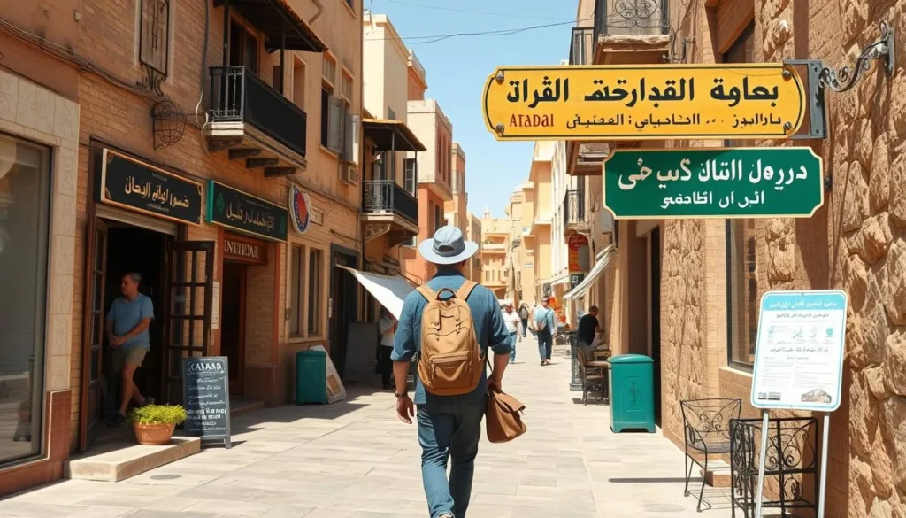 Tourist exploring Madaba's streets with local signage visible showing both Arabic and English text Tourist exploring Madaba's streets with local signage visible showing both Arabic and English text
