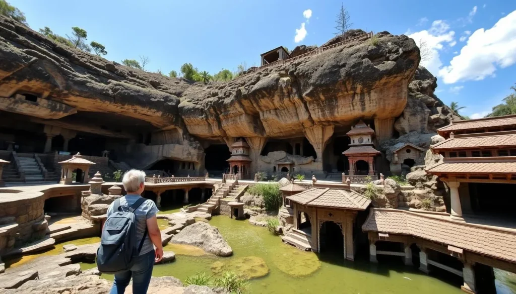 Tourist exploring Sunyaragi Cave complex in Cirebon with traditional architecture
