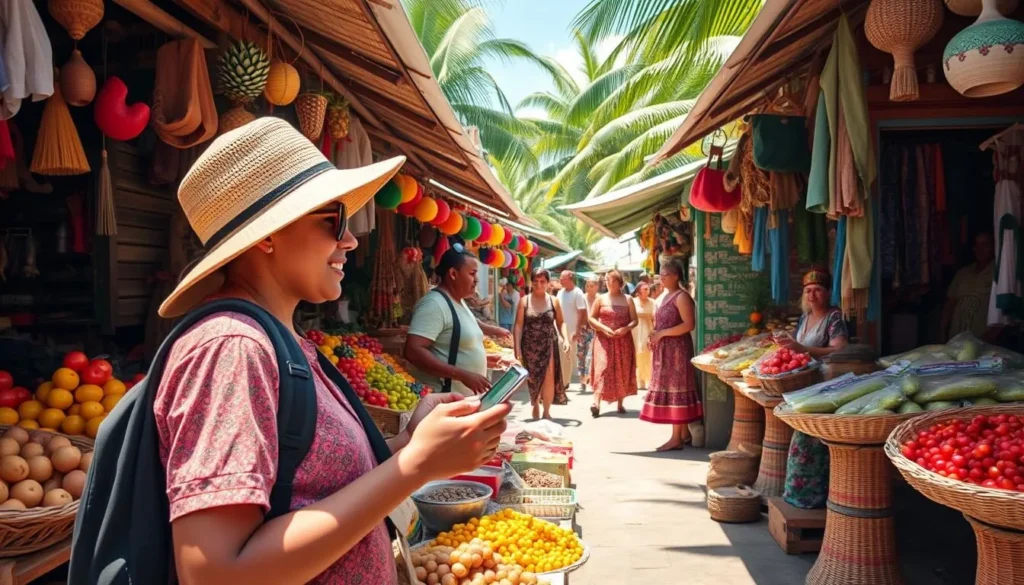 Tourist exploring a local market in Guadeloupe with tropical fruits and spices