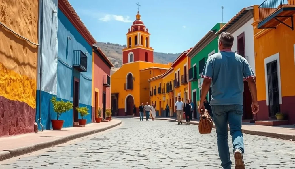 Tourist exploring the colorful streets of Real del Monte, a Pueblo Mágico in Hidalgo Tourist exploring the colorful streets of Real del Monte, a Pueblo Mágico in Hidalgo