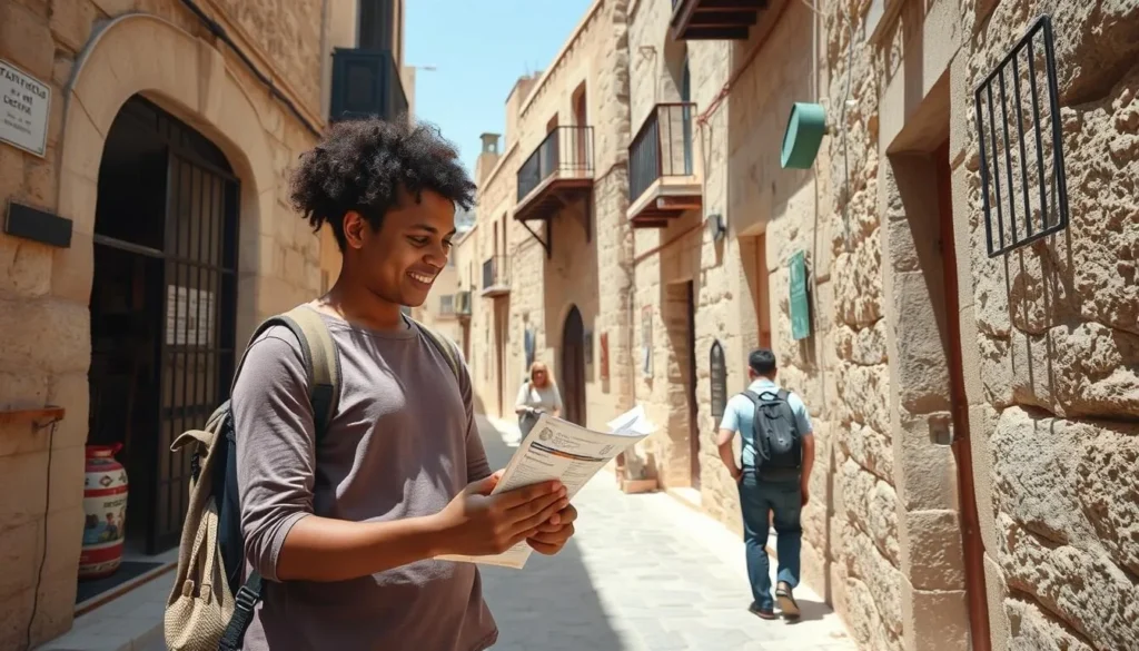 Tourist exploring the narrow streets of Tripoli's old city with a map