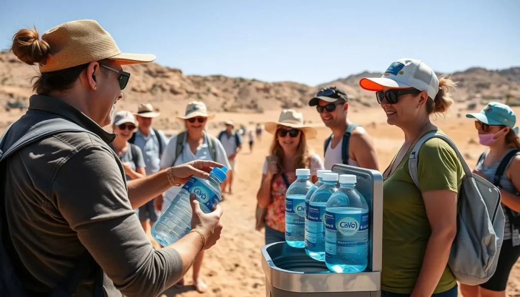 Tourist filling water bottles at a public water dispenser in Coober Pedy, South Australia