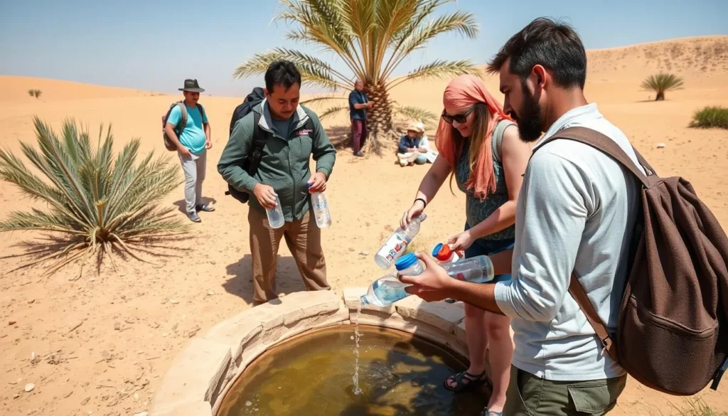 Tourist filling water bottles at an oasis stop in Jebil National Park