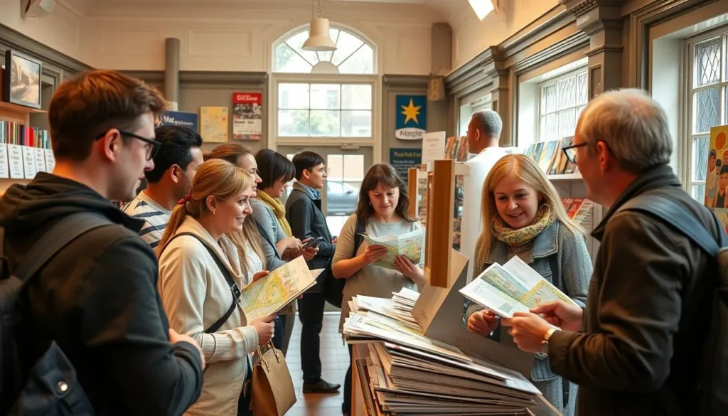 Tourist information center in Exeter with visitors getting maps and advice