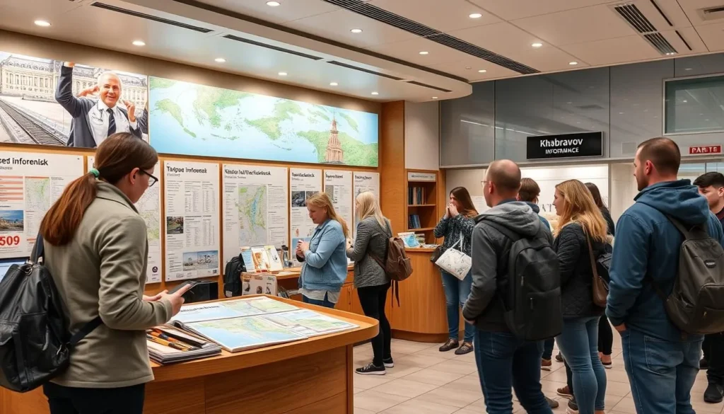 Tourist information center in Khabarovsk with visitors getting maps and advice Tourist information center in Khabarovsk with visitors getting maps and advice