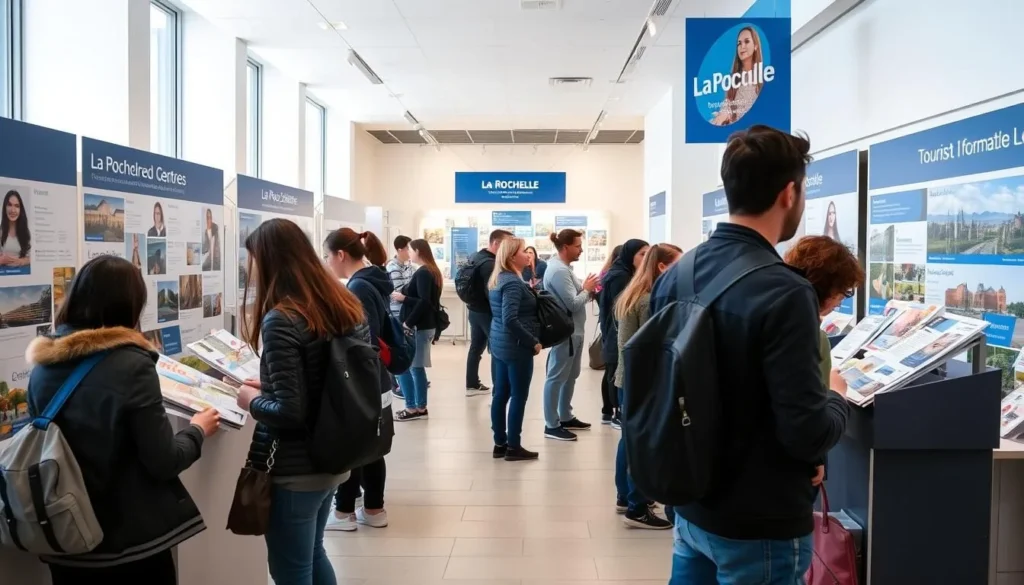 Tourist information center in La Rochelle with visitors planning their trip during the best time to visit La Rochelle France