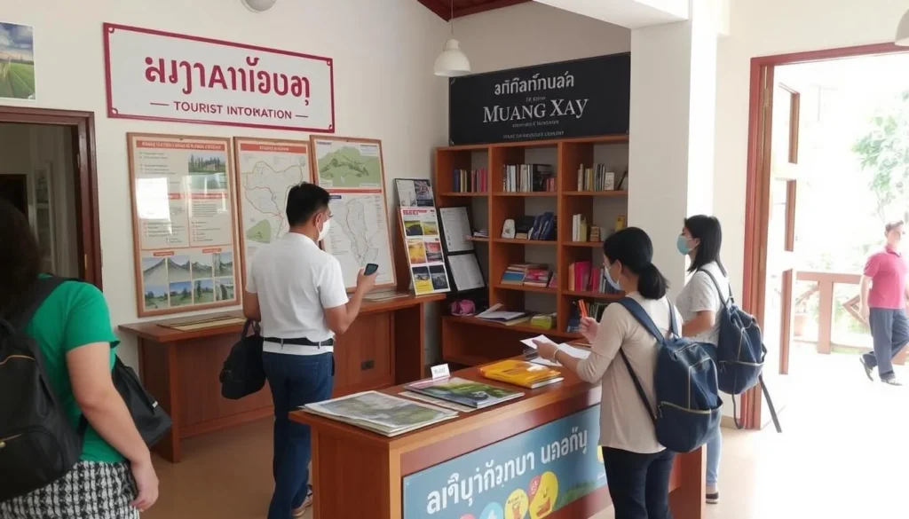 Tourist information center in Muang Xay with staff helping visitors Tourist information center in Muang Xay with staff helping visitors