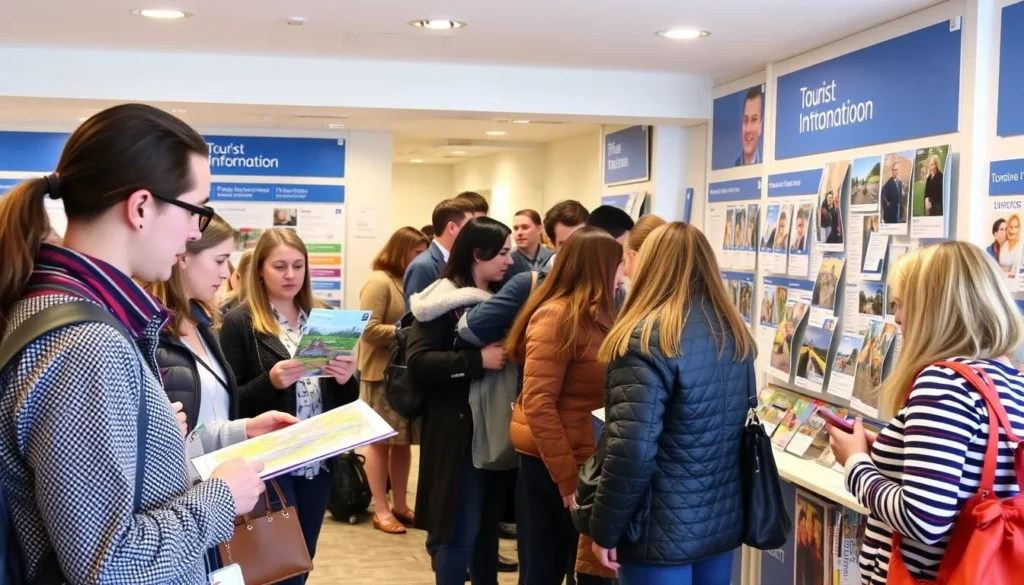 Tourist information center in Newcastle with visitors getting maps and advice
