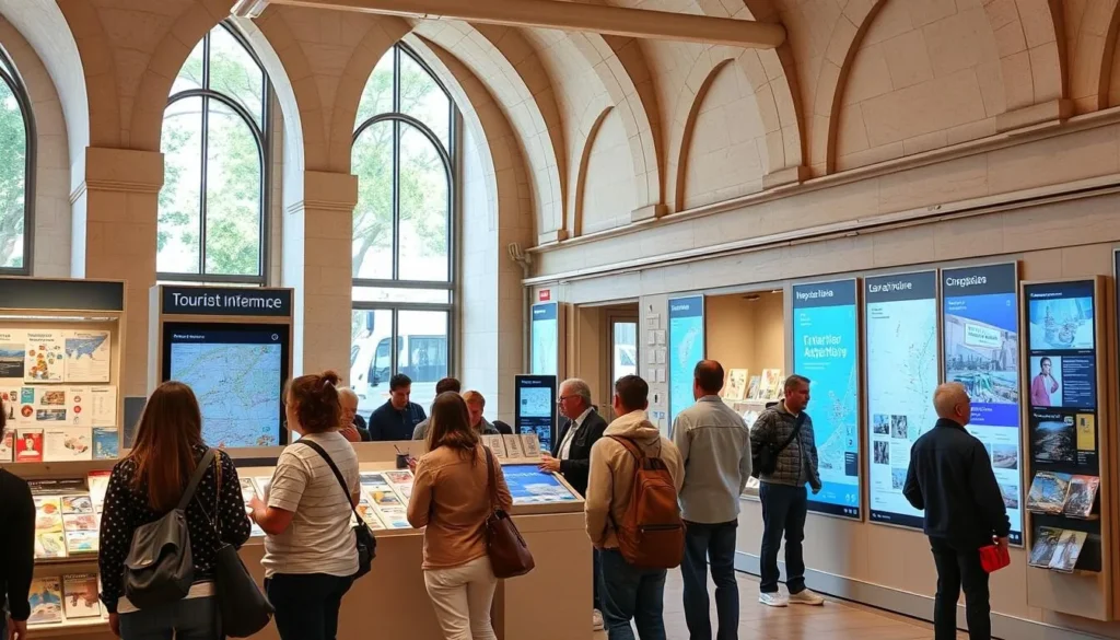 Tourist information center in Nimes with visitors getting maps and advice