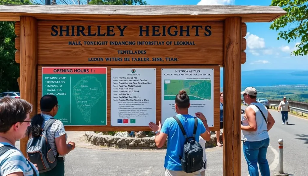 Tourist information sign at Shirley Heights entrance with practical visitor information, Antigua Tourist information sign at Shirley Heights entrance with practical visitor information, Antigua