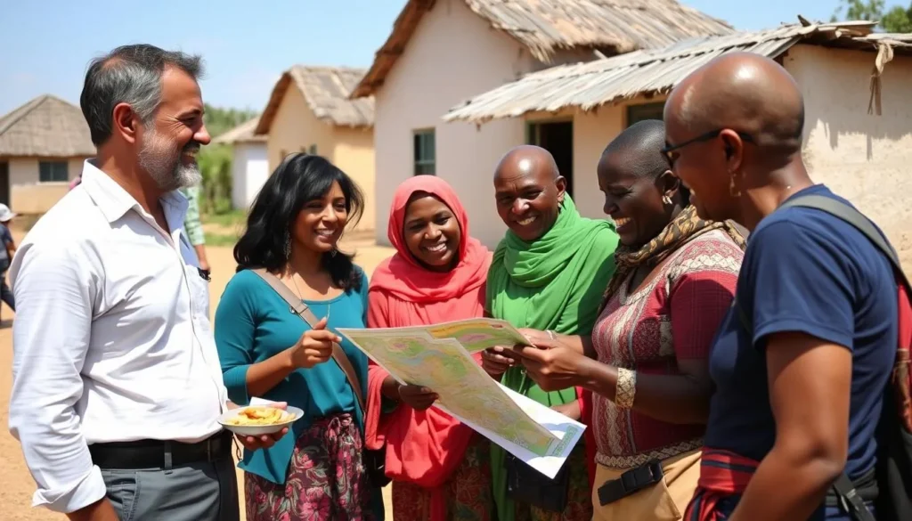 Tourist interacting with local Malagasy people in Ambatondrazaka village