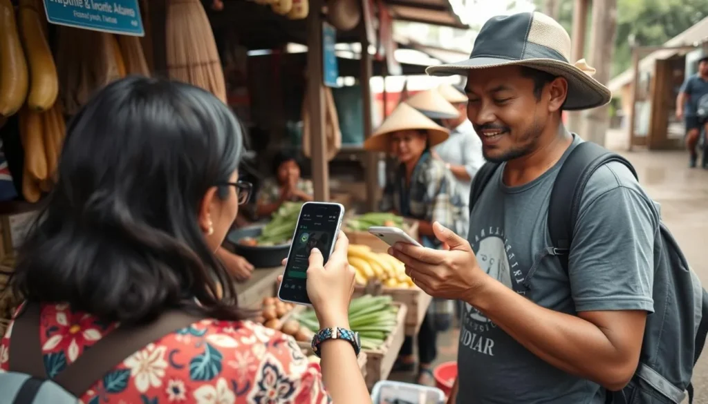 Tourist interacting with local market vendors using translation app on smartphone