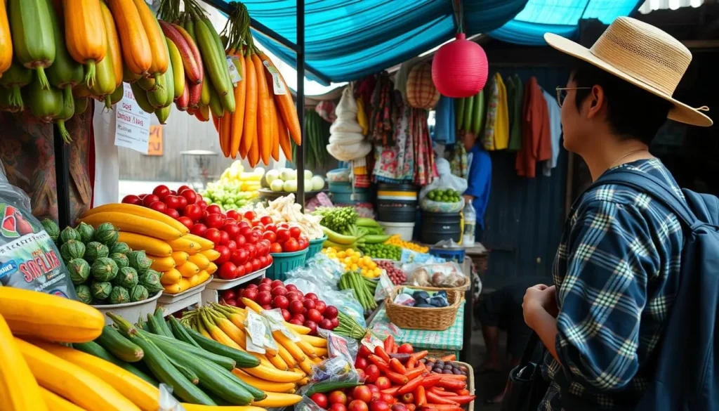 Tourist interacting with local vendor at a market near Lake Poso