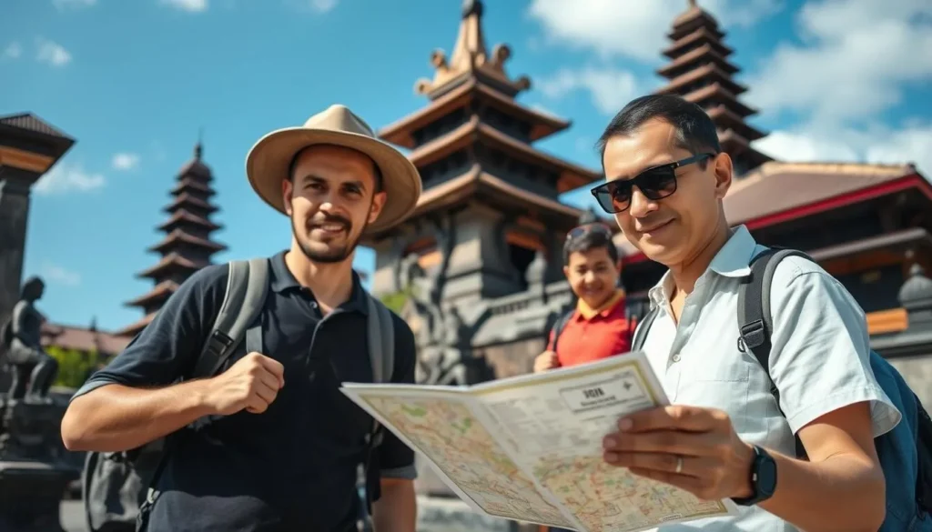 Tourist navigating Denpasar with a map and local guide