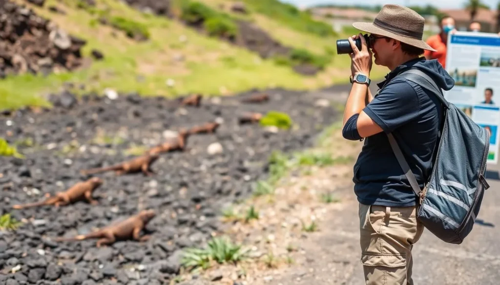 Tourist observing wildlife from a safe distance in the Galapagos