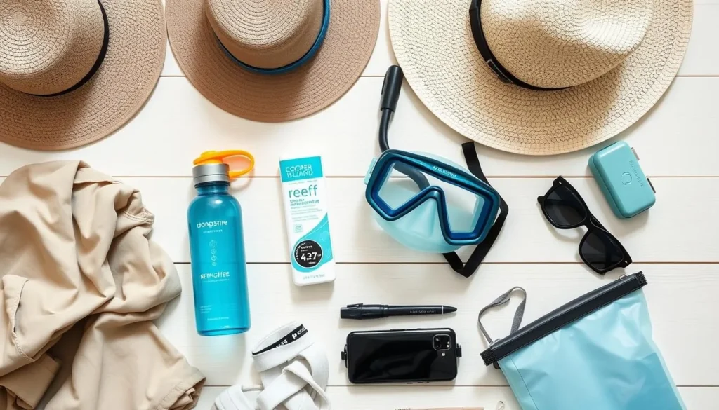 Tourist packing essentials for Cooper Island with reef-safe sunscreen, water bottle, and snorkel gear