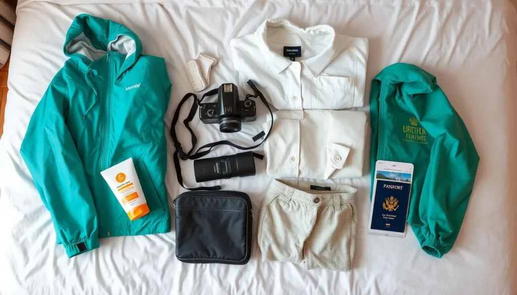 Tourist packing essentials for a trip to Grenada including sunscreen, light clothing, and rain gear Tourist packing essentials for a trip to Grenada including sunscreen, light clothing, and rain gear