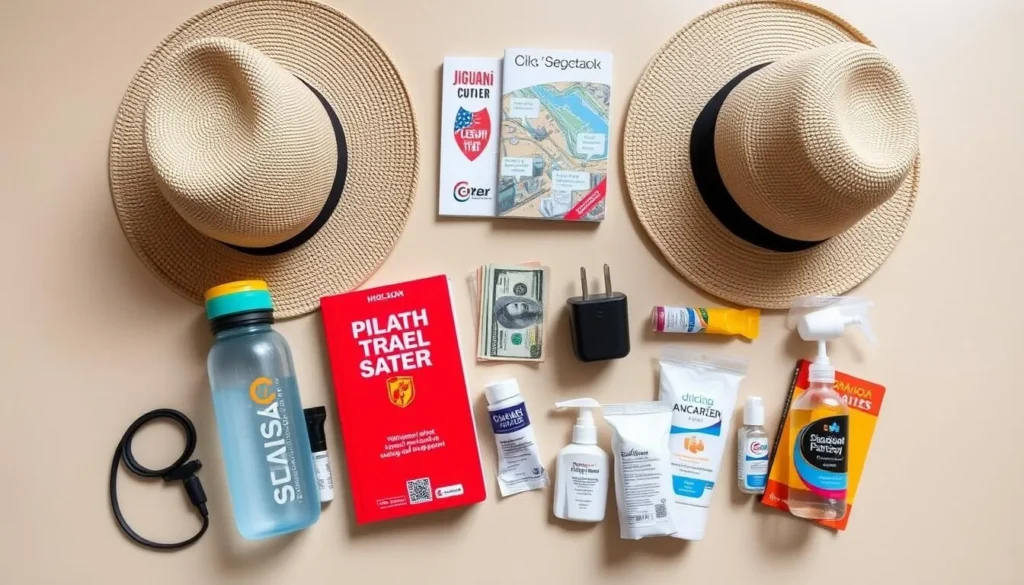 Tourist packing essentials for a trip to Jiguani, Cuba including sun protection, water bottle, and offline maps