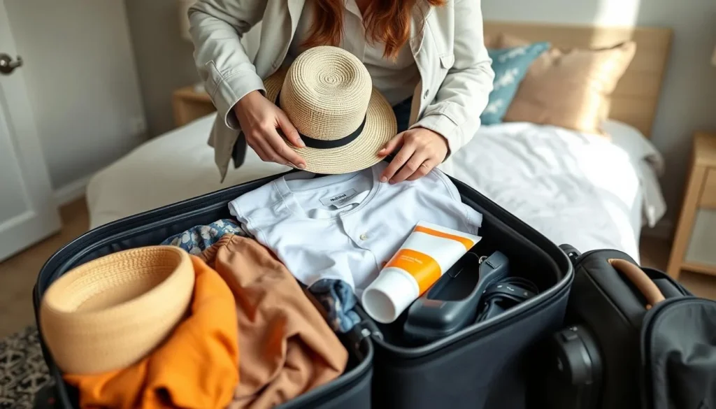 Tourist packing weather-appropriate clothing for Bermuda trip