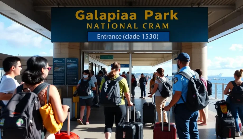 Tourist paying Galapagos National Park entrance fee at arrival