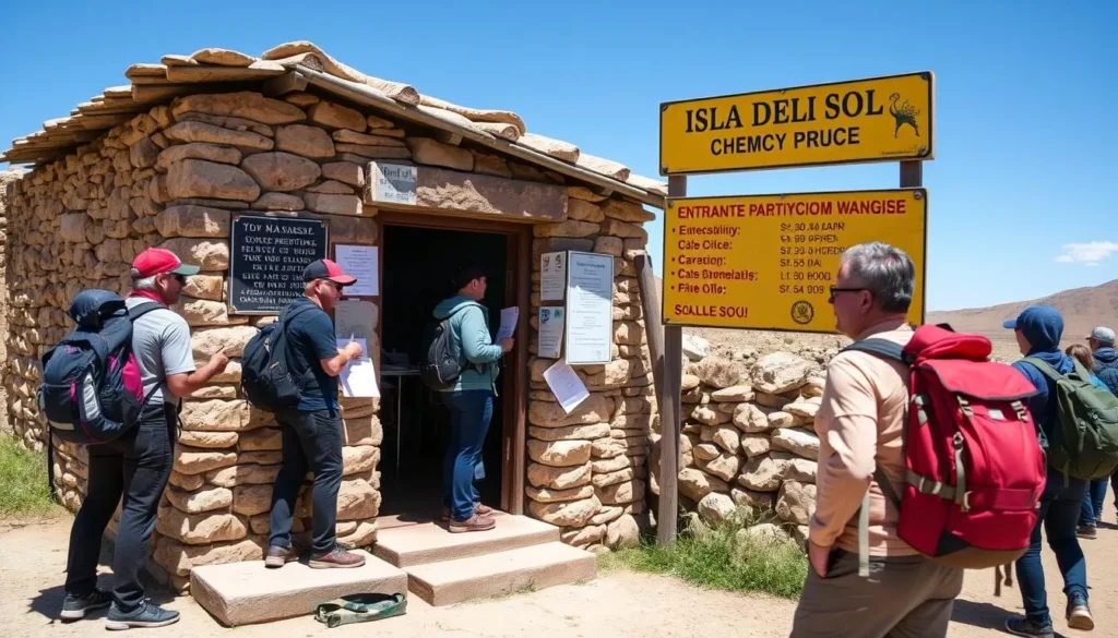 Tourist paying entrance fee at checkpoint on Isla del Sol