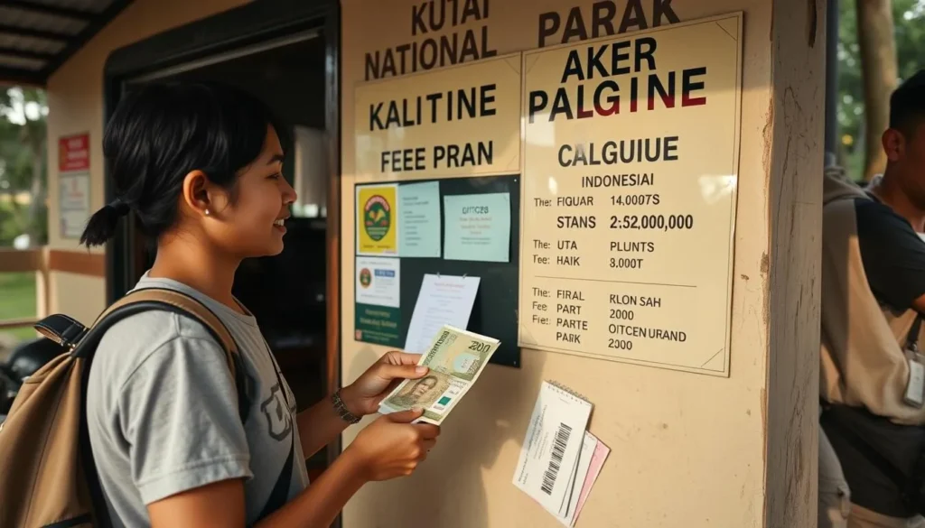 Tourist paying entrance fees at Kutai National Park office
