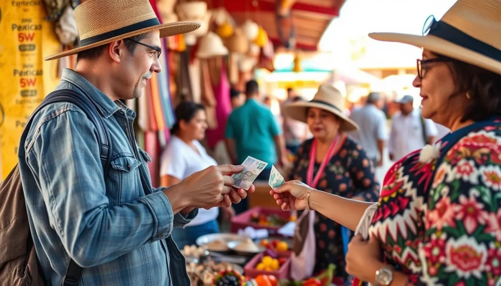 Tourist paying with Mexican Pesos at a local market in Baja California Sur Tourist paying with Mexican Pesos at a local market in Baja California Sur